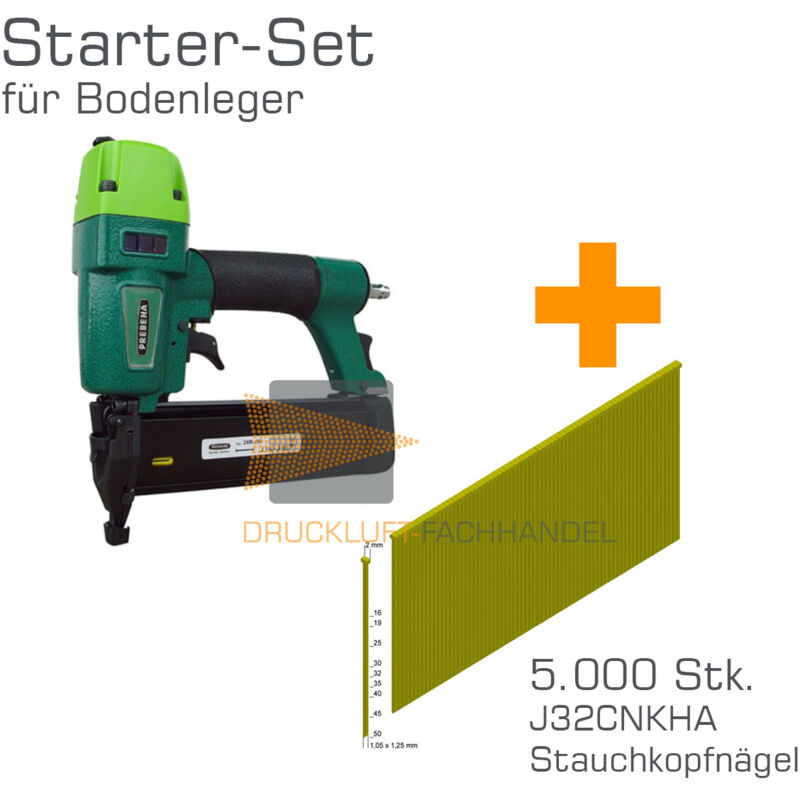 PROMOTION Prebena Cloueur pneumatique 2XR-J50 + J32CNKHA Clous à tête refoulé - Kit de démarrage pour poseurs de sol