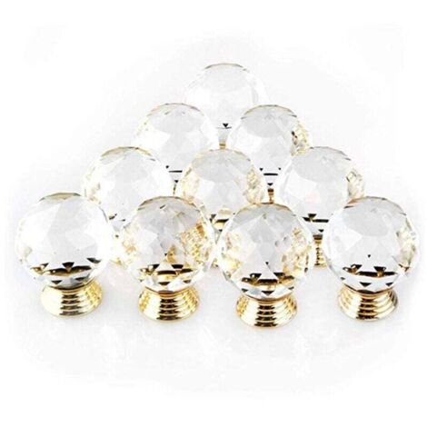Promotional Set of 10 Crystal Gold Shaped Door Knobs, 30mm Diameter, Round Glass Cabinet Knobs, Decorative Knobs for Furniture and Drawers