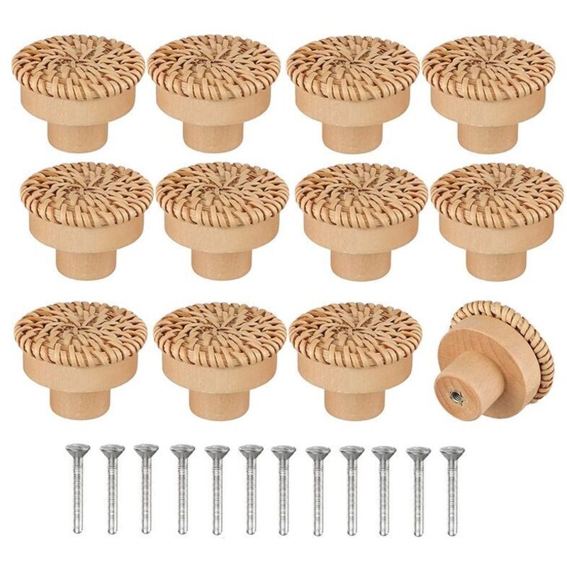 [Promotions en stock] Lot de 12 boutons de commode ronds en rotin de style bohème - Fabriqués à la main - Avec vis - Pour meubles en bois - Pour