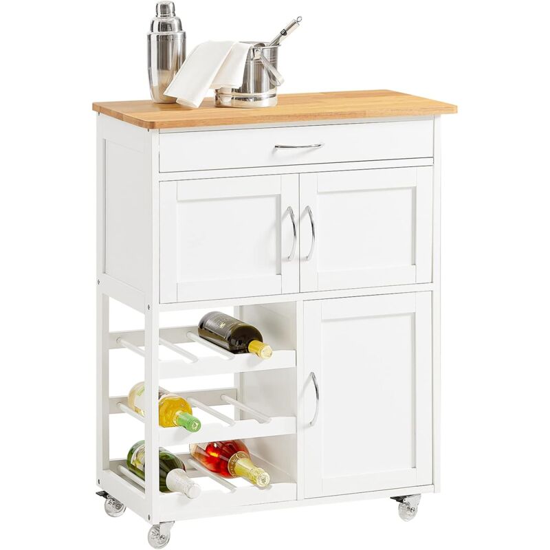 Kitchen Storage Trolley Cart With Wheels 3 drawers and Rubber Wood Worktop,FKW45-WN - Sobuy