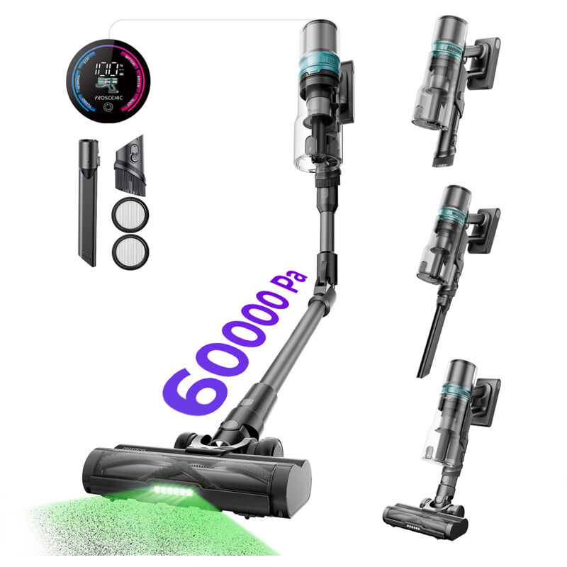 Proscenic - P16, Aspirateur balai sans fil 550W/55KPA, 55 min longue d'autonomie, Tube pliable, Brosse anti-enchevêtrement, Grande poubelle 1.5L, Bleu