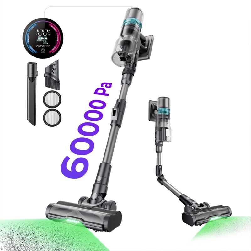 Proscenic - P16, Aspirateur balai sans fil 550W/55KPA, 55 min longue d'autonomie, Tube pliable, Brosse anti-enchevêtrement, Grande poubelle 1.5L, Gris