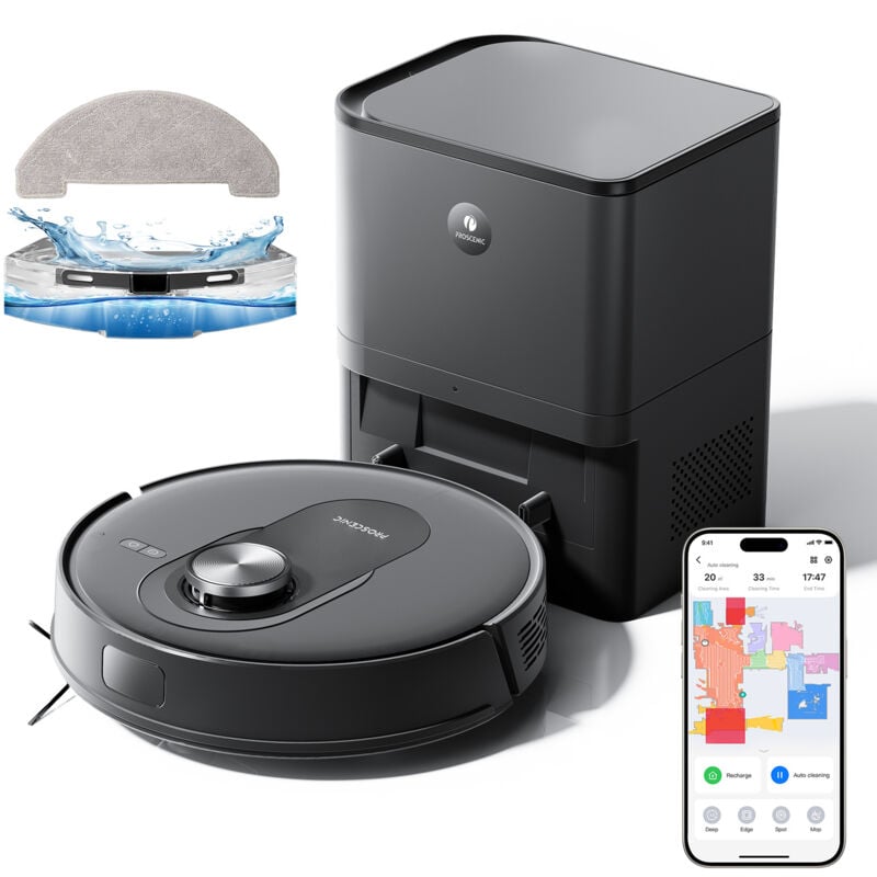Proscenic - Q8 Max - Aspirateur robot laveur - Station d'auto-vidage - 4200Pa - 200 min d'autonomie - Navigation lidar - Noir