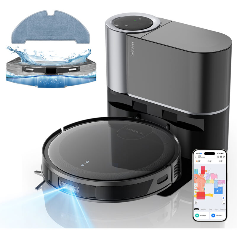 Proscenic X1S Aspirateur robot laveur - Aspirez et Lavez 2-en-1 - Forte aspiration 3000Pa - 200 min - Auto-vidange - Noir