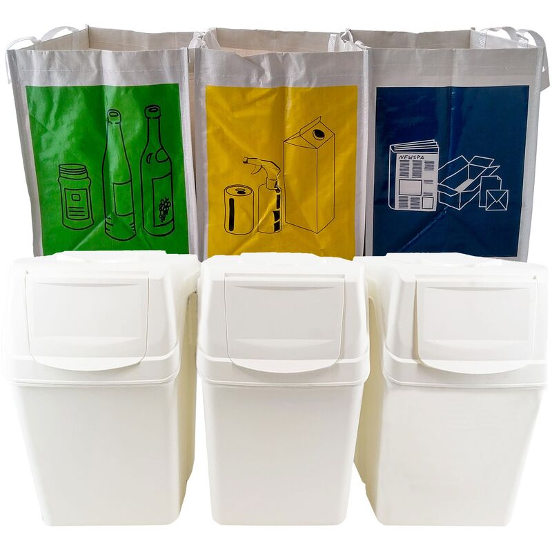 

WellHome Set de 3 cubos de reciclaje blanco con capacidad total 60 litros, 39x23x33 cm, con 3 bolsas de reciclaje para exterior