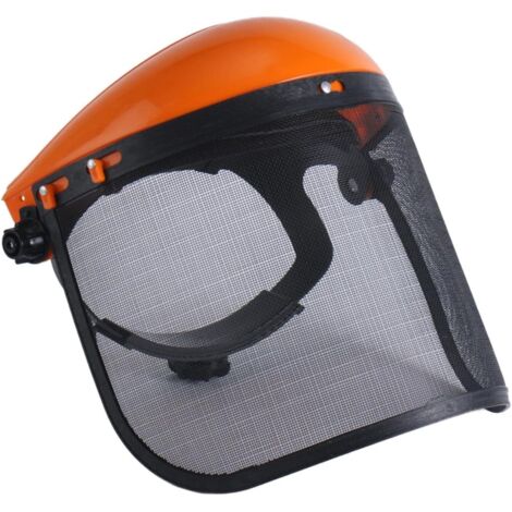 Protección para motosierra con visera de malla metálica. Buena ventilación. Cinta para la cabeza ajustable y resistente. Ligera para trabajos al aire libre. Color naranja.