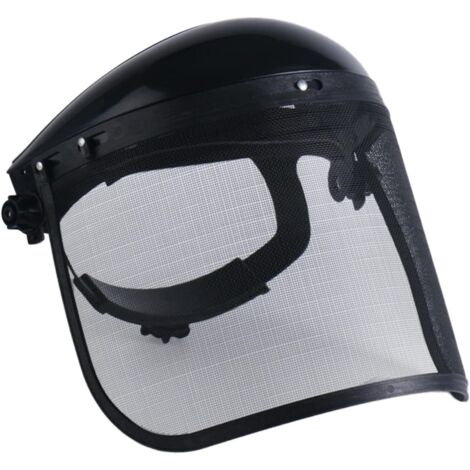 Protección para motosierra con visera de malla metálica. Buena ventilación. Cinta para la cabeza ajustable y resistente. Ligera para trabajos al aire libre. Color negro.