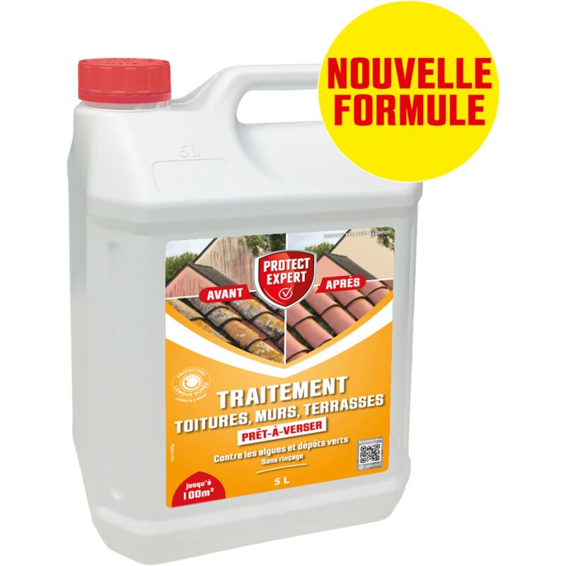 Traitement Terrasses Toitures & Murs - Contre Les Algues Lichens & Dépôts Verts - Prêt-À-Verser - 5L - Préventif & Curatif AMTPB5N - Protect Expert