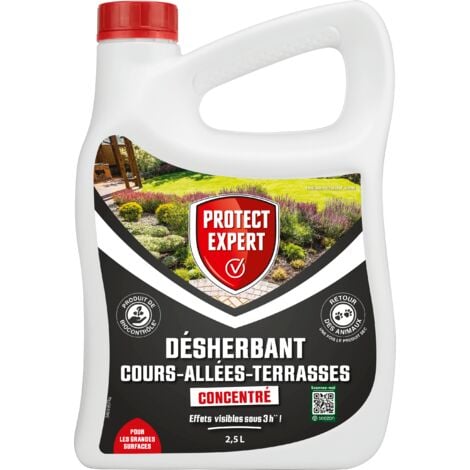 PROTECT EXPERT Désherbant Concentré - Cours Allées Terrasses - Effets Visibles Sous 3h - 2,5L - Jusqu’à 150m² Traités - Bidon Doseur PROCOUR25N