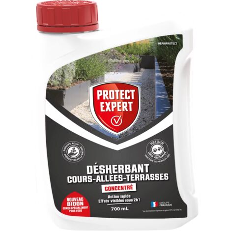 PROTECT EXPERT Désherbant Concentré - Cours Allées Terrasses - Effets Visibles Sous 3h - 700ml - Jusqu’à 58m² Traités - Bidon Doseur PROCOUR700