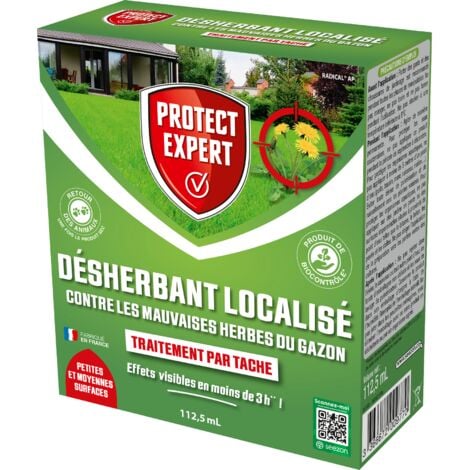 PROTECT EXPERT Désherbant Concentré Localisé Contre Les Mauvaises Herbes Du Gazon - 112,5ml - Soit 50 m² - Non Sélectif - Bidon Doseur DG100