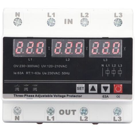 Protecteur triphasé réglable, dispositif de protection contre les surtensions et les sous-tensions, montage sur rail DIN, courant alternatif 120 V – 300 V, 63 A