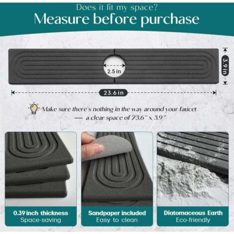Protection anti-éclaboussures pour robinet d'évier de cuisine en diatomite, 61 cm, plateau d'évier de séchage en pierre soignée, moderne, tapis absorbant pour comptoir de cuisine (gris foncé, 60 x 10