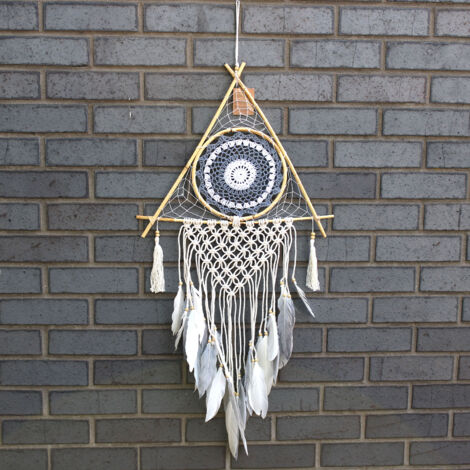 Protection Dream Cather - Lrg Pyramide Macramé Blanc/Gris- Vendu par 1