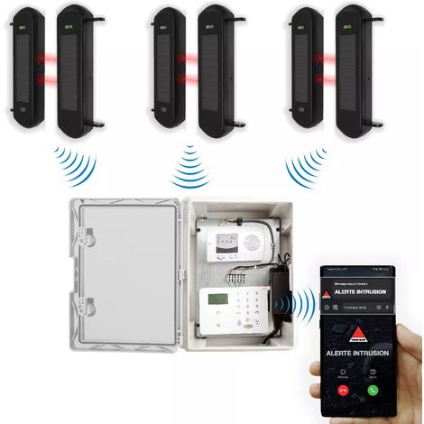 Protection périmétrique 'PRO' solaire 900m sans-fil & point d'alerte GSM 4G IP65 3 barrières infrarouges 1B (DA600+/KP)
