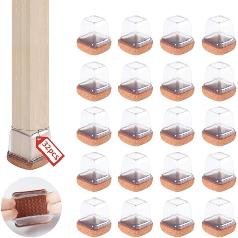 Protection Pied de Chaise, 20-28mm Silicone carré Patins pour Chaises en Silicone avec Feutre épaissi, 32 pièces Transparente Patin de Chaise Protections Tampon de Sol, réduire Les Rayures