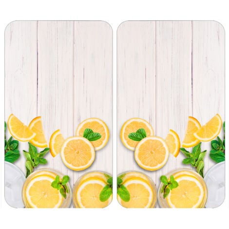 Protection plaque de cuisson "Citrons" en verre trempé WENKO, Pour toute plaques, Couvre plaque de cuisson, planche à découper, extension plan de travail Lot de 2 52x30cm Multicolore