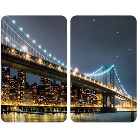 Protection plaque de cuisson WENKO, Couvre plaque de cuisson en verre "Brooklyn Bridge", Lot de 2, Verre trempé, Pour toutes plaques, 30x52 cm, Multicolore