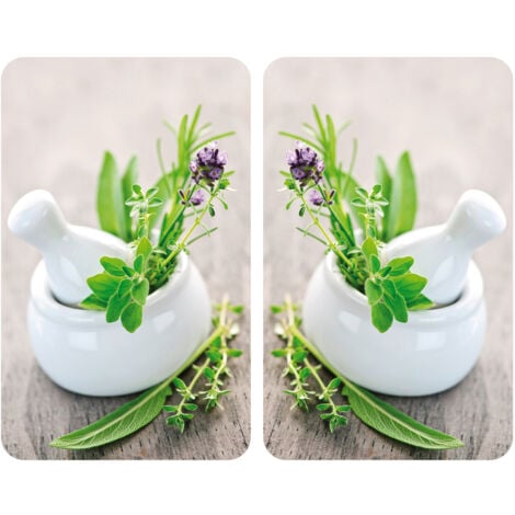 Protection plaque de cuisson WENKO, couvre plaque de cuisson en verre "Herbes", Lot de 2, verre trempé, Pour toutes plaques, 30x52 cm, Multicolore