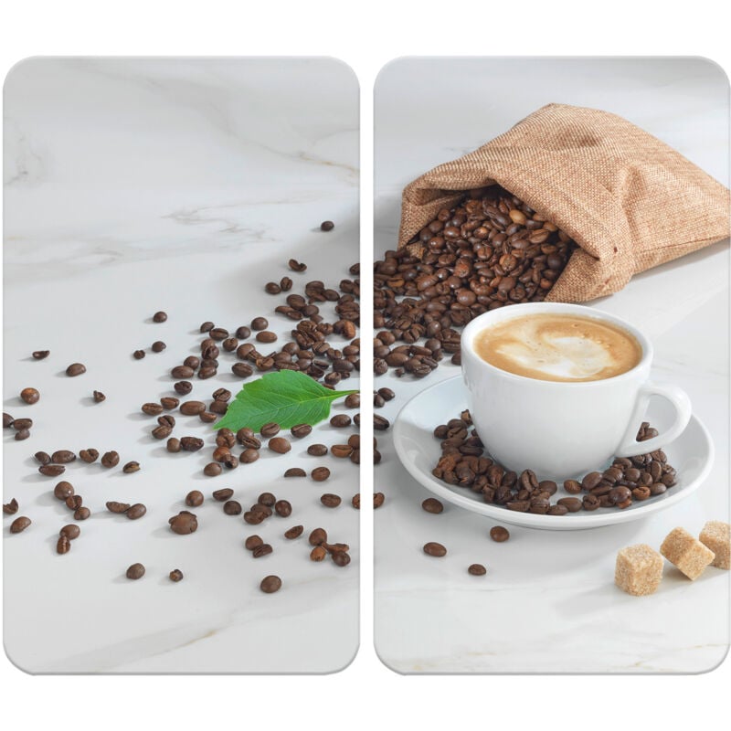 Wenko - Protection plaque de Cuisson Lot de 2 Couvre plaque de cuisson en Verre Trempé - Gazinière - Motif Café Aromatica - 30x52cm