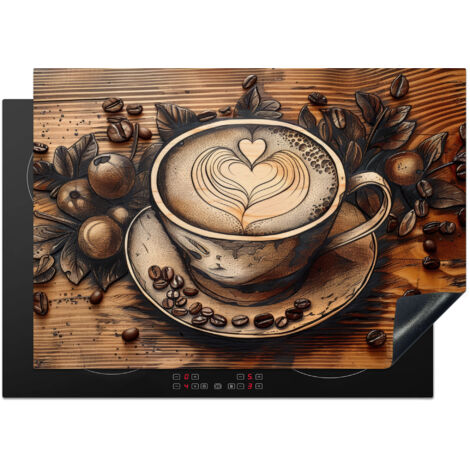 PROTECTION PLAQUE INDUCTION Café - Vintage - Marron - Tasse - Bois Cuisine Accessoire 75x52 cm