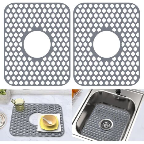 Protections d'évier en silicone pour cuisine et salle de bain, lot de 2, 34,5 cm x 29,5 cm, antidérapantes et durables, avec bonde centrale (gris)