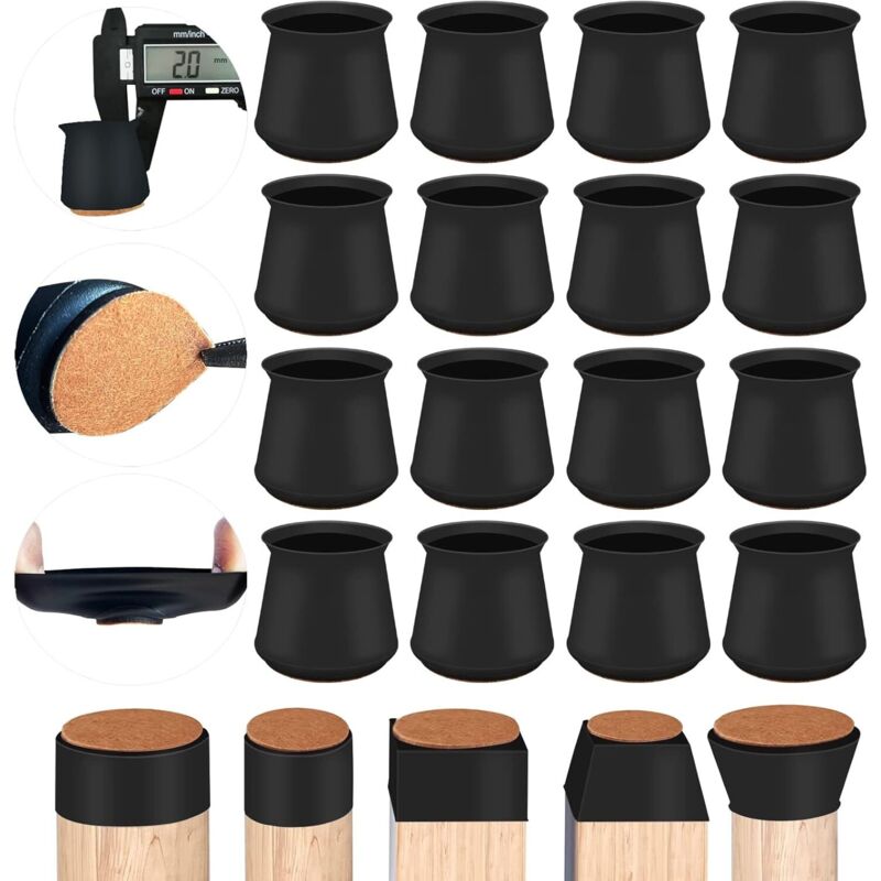 Protections pieds chaise silicone 16 pcs, coussinets feutrine rond/carré noir