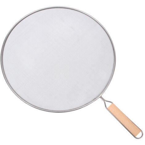 Protector antisalpicaduras de acero inoxidable con malla fina y mango de madera. Accesorios de cocina para proteger contra salpicaduras de grasa y aceite en sartenes y woks (25 cm).