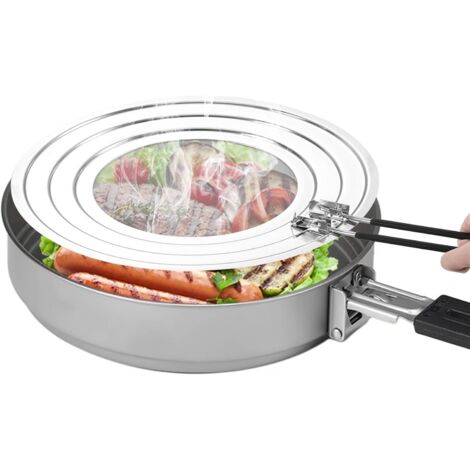 Protector antisalpicaduras para cocina, apto para sartenes con diámetros de 20, 24 y 28 cm, con mango plegable.