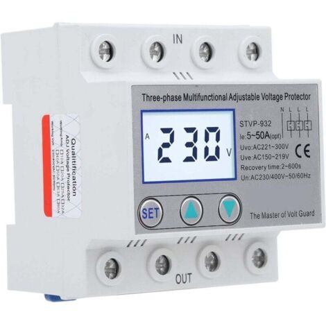 Protector contra sobretensiones STVP-932 de 230 V/400 V CA, dispositivo de protección de voltaje automático ajustable, interruptores automáticos trifásicos multifunción con pantalla LCD (50 A)