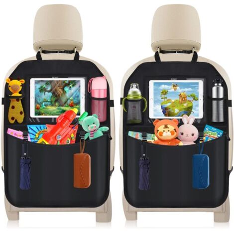 Protector de asiento trasero de coche de 2 piezas: con bolsillo transparente para guardar tabletas y múltiples bolsillos para juguetes, libros y botellas.