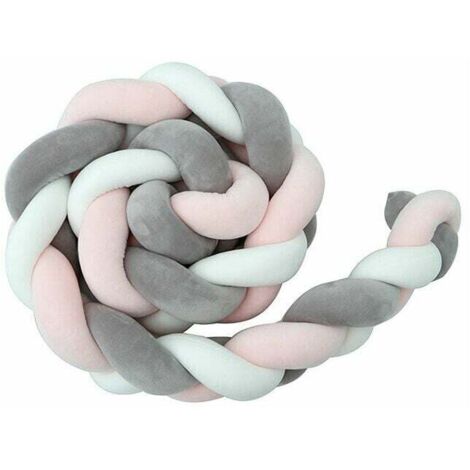Protector de cama de 2 m con diseño de serpiente, trenzado, de terciopelo, para bebé, protección anticolisión (blanco, gris y rosa)