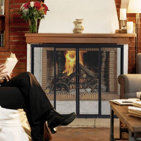 Protector de Chimenea con Puertas Corredizas Salvachispas para Chimenea de Seguridad con Marco de Soporte Triangular Malla Metálica 89x72cm