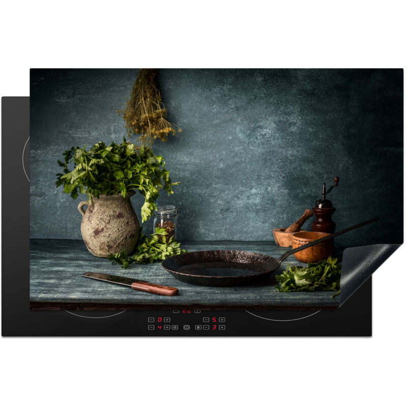 PROTECTOR DE PLACAS DE INDUCCIÓN Hierbas - Especias - Sartén - Cuchillo - Gris - Rústico Cubre Encimera 81.2x52 cm