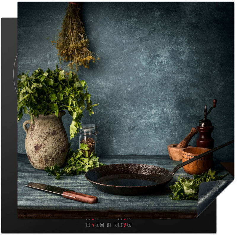 PROTECTOR DE PLACAS DE INDUCCIÓN Hierbas - Especias - Sartén - Cuchillo - Gris - Rústico Tapa Protectora De Cocina 78x78 cm