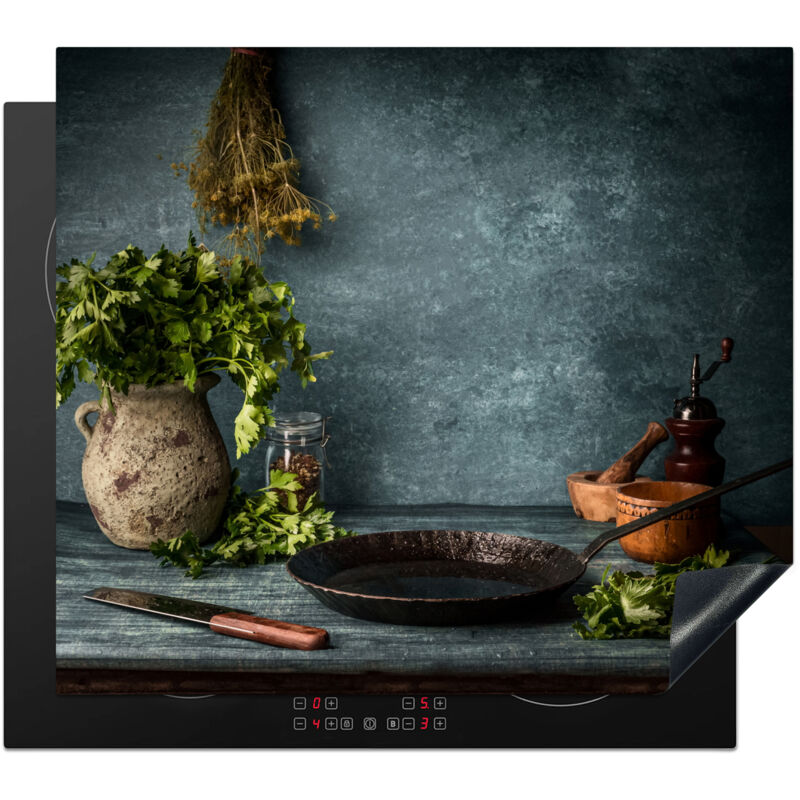 PROTECTOR DE PLACAS DE INDUCCIÓN Hierbas - Especias - Sartén - Cuchillo - Gris - Rústico Cocina 59x52 cm