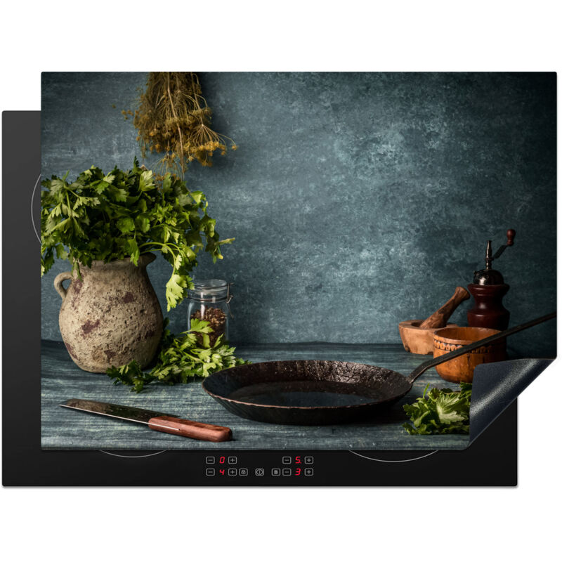 PROTECTOR DE PLACAS DE INDUCCIÓN Hierbas - Especias - Sartén - Cuchillo - Gris - Rústico Tapa Para Induccion 70x52 cm