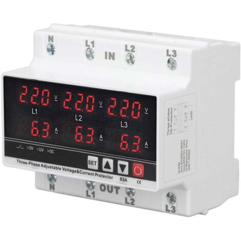 Protector de subtensión para riel DIN, protector de sobrecorriente ajustable, CA 120 V-300 V, 63 A, trifásico, 3 cables, 4 cables