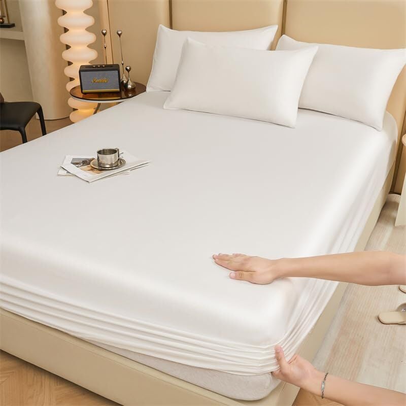 Protège-matelas 200 x 180 cm, drap-housse Queen pour lit double, tissu en coton, drap-housse à poche profonde de 30 cm, design antidérapant (blanc,