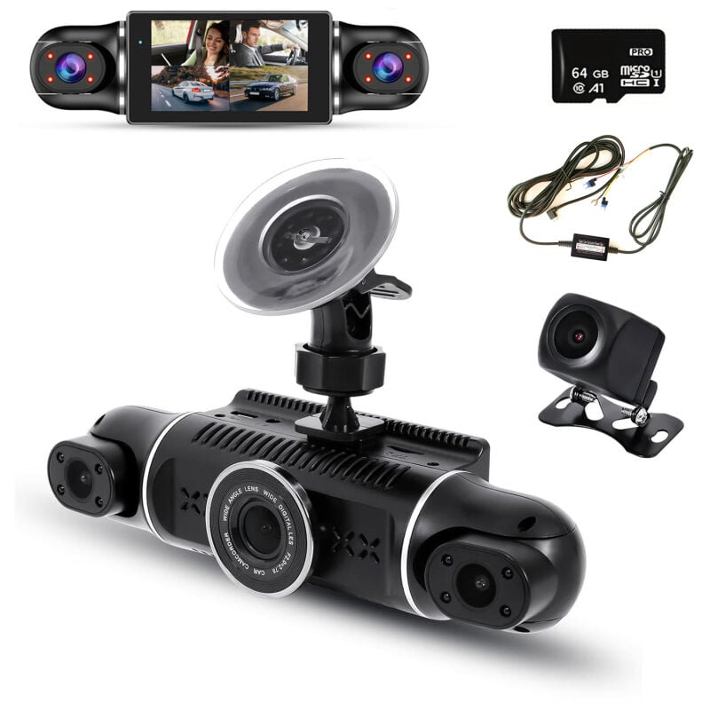 LIFCAUSAL Caméra embarquée 4 canaux (avant/arrière/gauche/droite) rotative 360° avec GPS/Wi-Fi, vision nocturne, WDR, enregistrement en boucle et