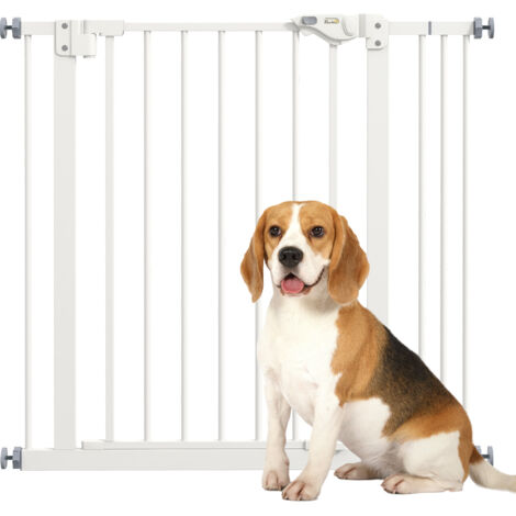 Protège-porte chiens barrière protection animaux métal plastique, 74-87 cm, blanc