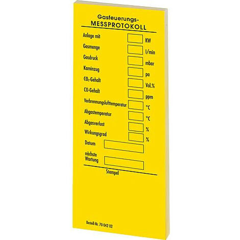 Protocole de mesure, autocollant pour chaudiere, pour le gaz, jaune BG 1 bloc 50 pcs.PAS POUR LA FRANCE