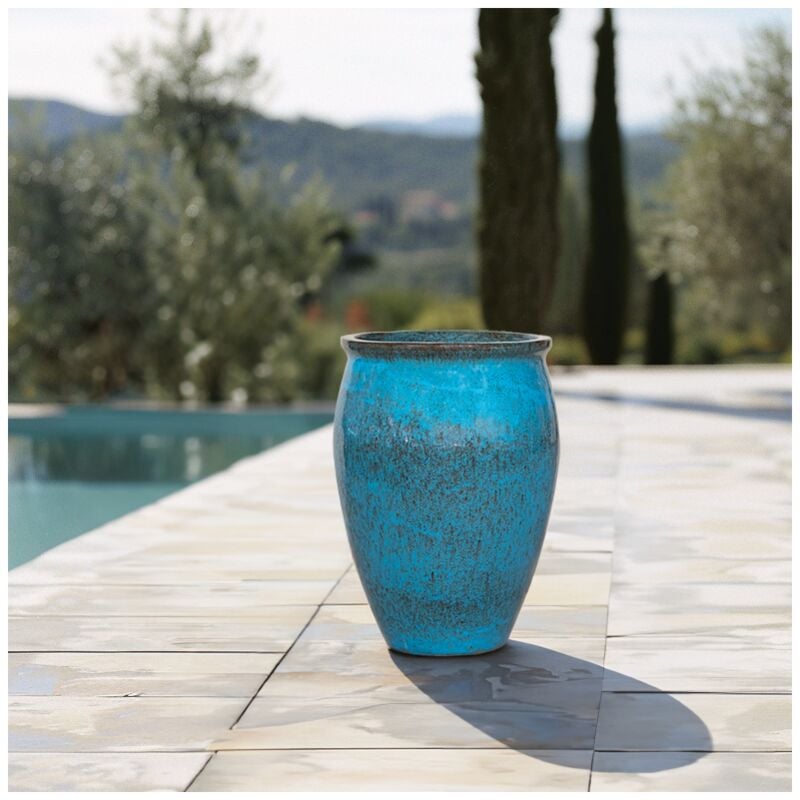 Provencelia - Pot grande taille d'extérieur bacchus 36x52cm fait main en terre cuite émaillée résistant au gel, bleu fer