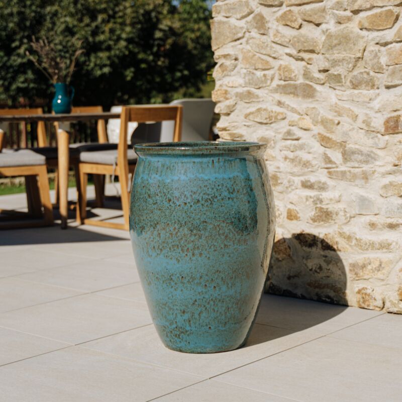 Pot grande taille d'extérieur bacchus 50x68cm fait main en terre cuite émaillée résistant au gel, bleu fer