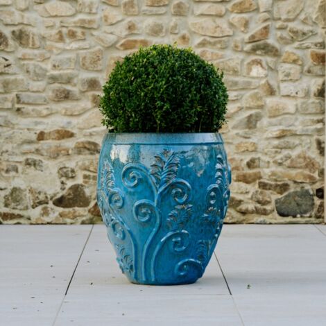 Provencelia Gaia 51x58cm, pot grande taille d'extérieur fait main en terre cuite émaillée, résistant au gel, bleu acier