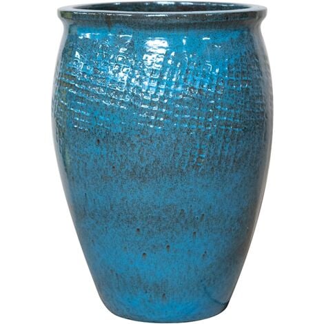 Provencelia Poséidon 36x52cm, pot grande taille d'extérieur fait main en terre cuite émaillée, résistant au gel, bleu Acier