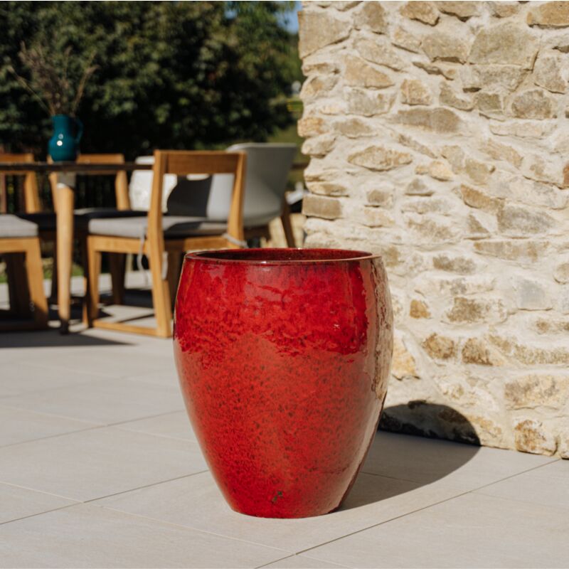 Provencelia - Pot grande taille d'extérieur POSEIDON2 46x55cm fait main en terre cuite émaillée résistant au gel, rouge tropical