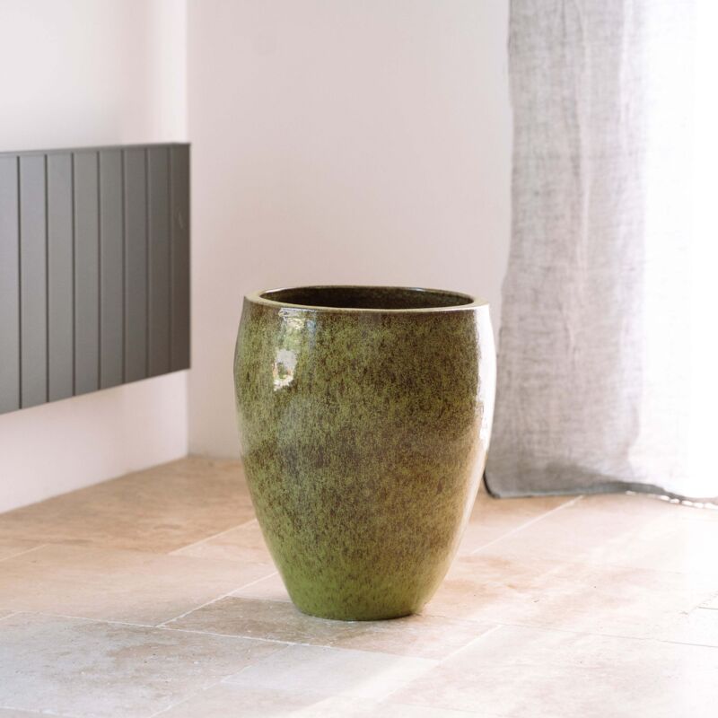 Pot grande taille d'extérieur POSEIDON2 46x33cm fait main en terre cuite émaillée résistant au gel, vert lac