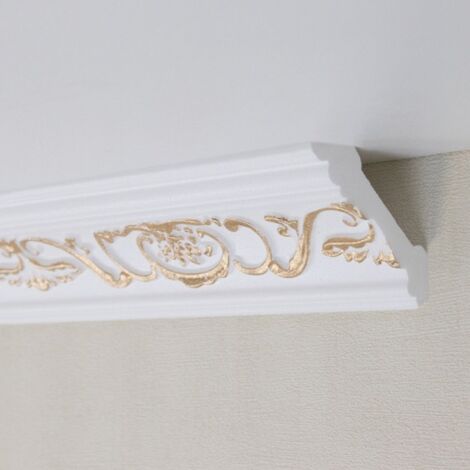PROVISTON  Stuckleiste  Polystyrol  53 x 53 x 2000 mm  Weiß Gold  Deckenleiste  Überstreichbar