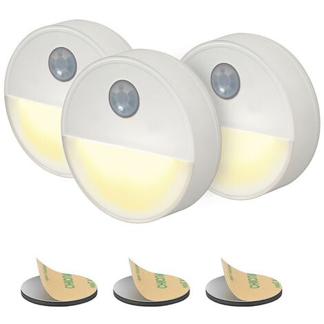 Proxinova® Veilleuse à détecteur de mouvement PIR - 3 pièces - Lumière LED jaune chaud avec alimentation par piles, sans fil, idéale pour les salles de bains, les armoires, les escaliers - Blanc